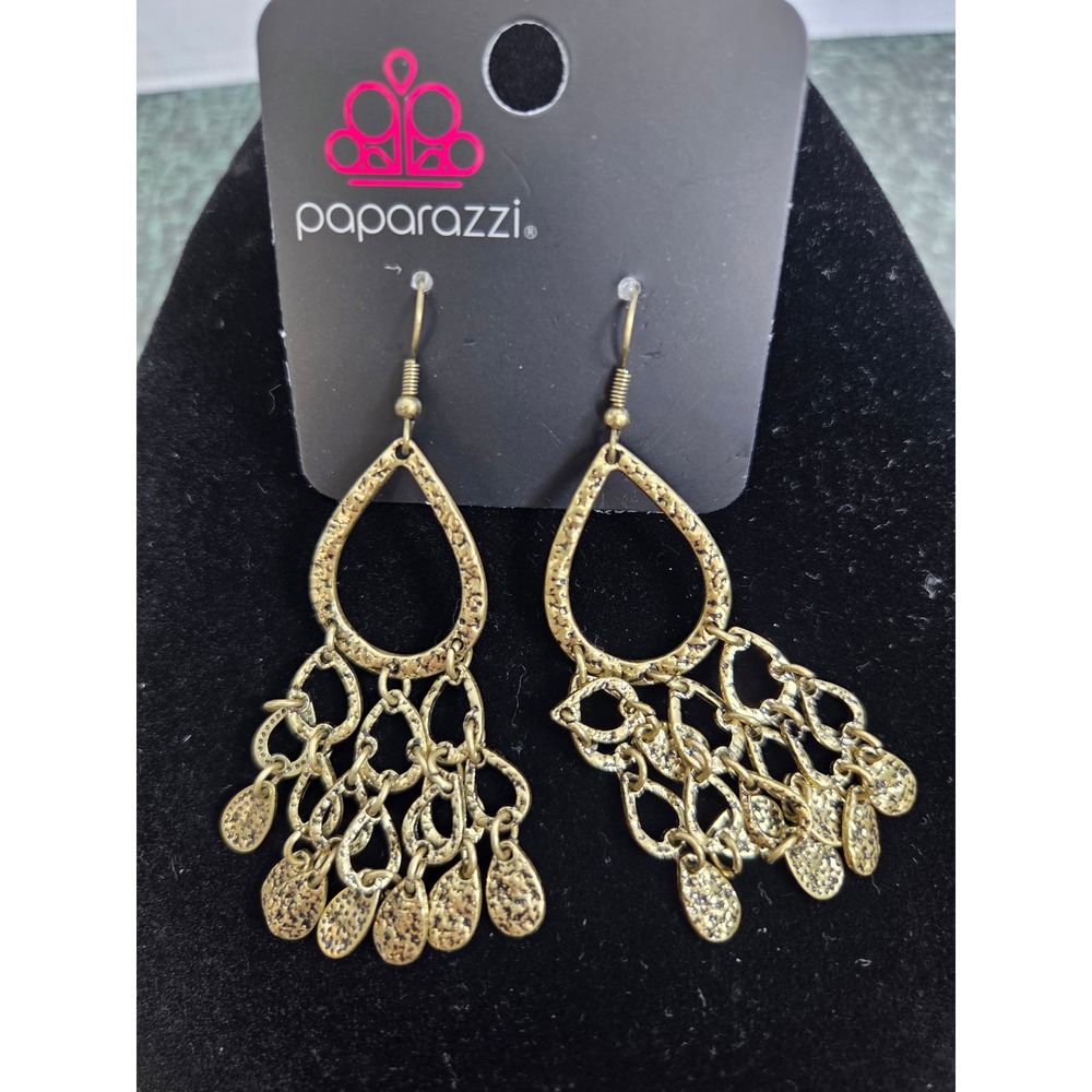 Paparazzi Brass Hammered Teardrop Chandelier Earrings Boho Statement Fringe